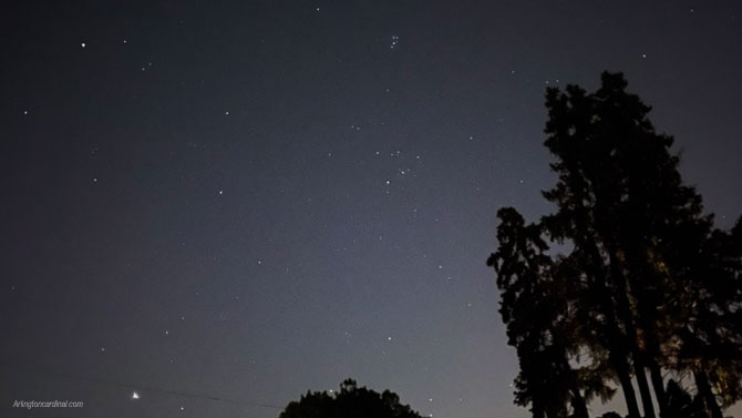 East Sky with Pleiades, Taurus, Hyades, Orion constellations and Sirius (the brightest star in the sky) rising about 4:00 a.m. on August 19, 2020