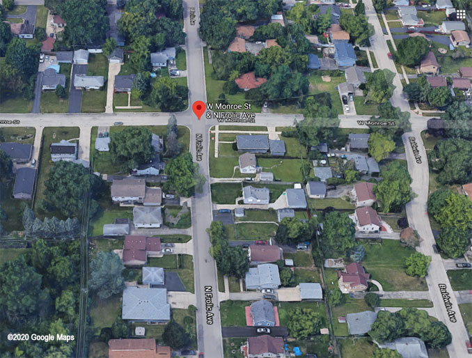 Home invasion shooting death scene on Frolic Avenue near Monroe Street in Waukegan (aerial view ©2020 Google Maps)