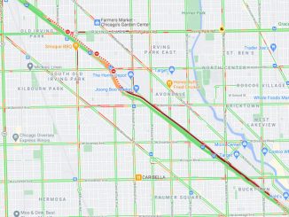 Truck crash with motorycle on outbound Kennedy Expressway just north of Addison Street, Chicago (Google Map Traffic Layer)