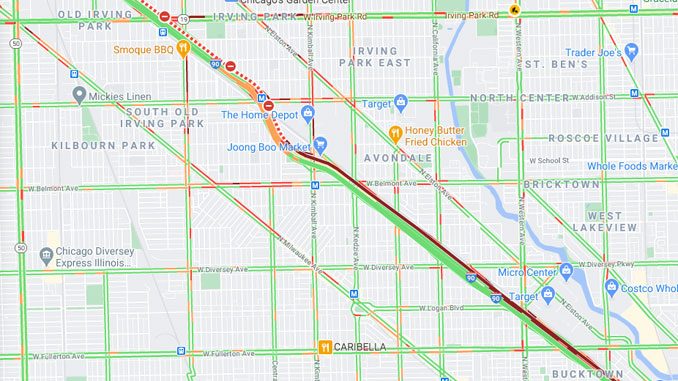 Truck crash with motorycle on outbound Kennedy Expressway just north of Addison Street, Chicago (Google Map Traffic Layer)