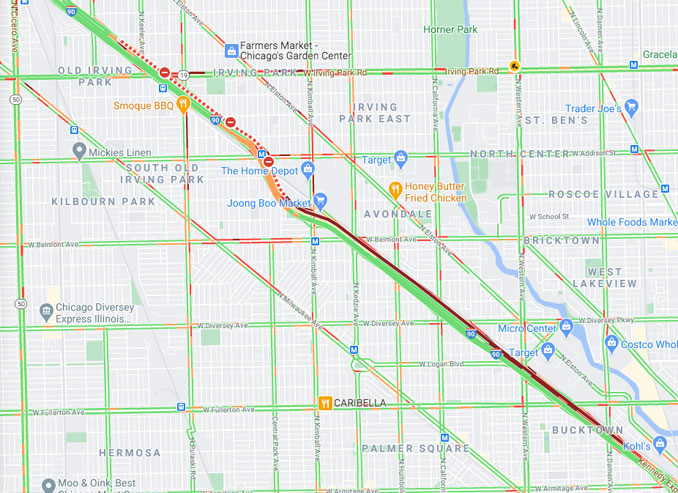 Truck crash with motorycle on outbound Kennedy Expressway just north of Addison Street, Chicago (Google Map Traffic Layer)