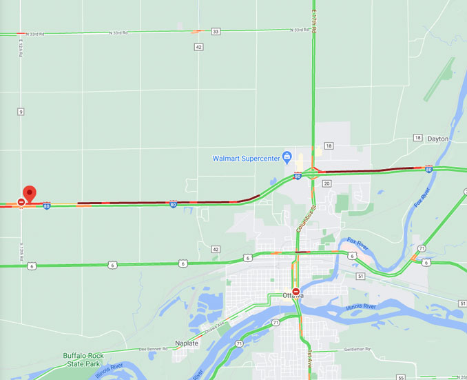 I-80 crash near Ottawa, Illinois on Friday, September 25, 2020 (©2020 Google Map)