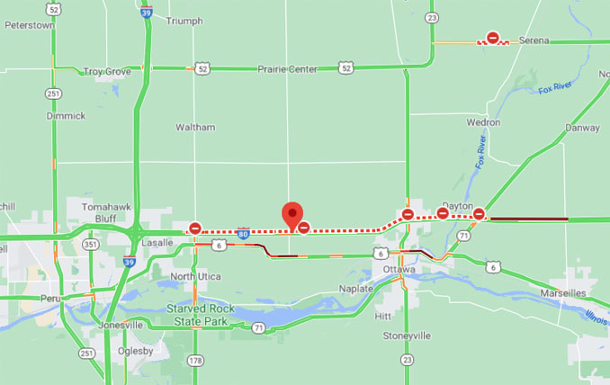 Ottawa I-80 Crash Closure Map Friday, September 25, 2020