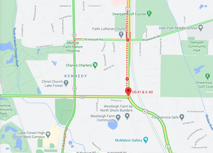 Route 41 Lake Forest Shooting Map; one shot on Wednesday, September 16, 2020