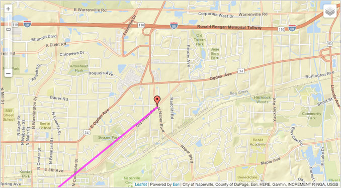 Solar Azimuth (Lavender Line) Friday SEP 25 2020 Naper Boulevard and Plank Road, Lisle Township (SOURCE: NOAA/Esri/City of Naperville, County of DuPage, Esri, HERE, Garmin, INCREMENT P, NGA, USGS)