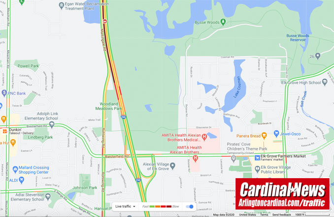 Crash map on southbound IL-53/I-290 between Higgins Road and Biesterfield Road near Schaumburg on Friday, October 30, 2020 (Map data ©2020 Google)