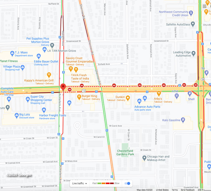 Crash at Dempster Street and Harlem Avenue Map View (©2020 Google)