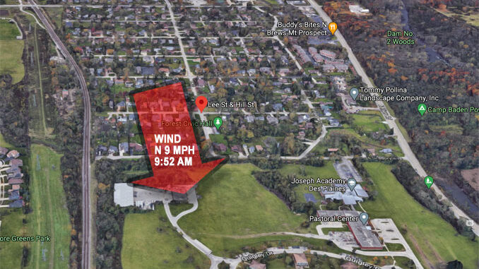 Fire on Hill Street near Lee Street in Wheeling Township, unincorporated Mount Prospect with Wind North 9 MPH (©2020 Google Maps) Fire on Hill Street near Lee Street in Wheeling Township, unincorporated Mount Prospect with Wind North 9 MPH (©2020 Google Maps)