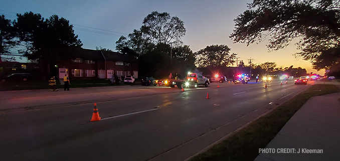 Flatbed tow at crash on Hintz Road near Mark Lane, Wheeling