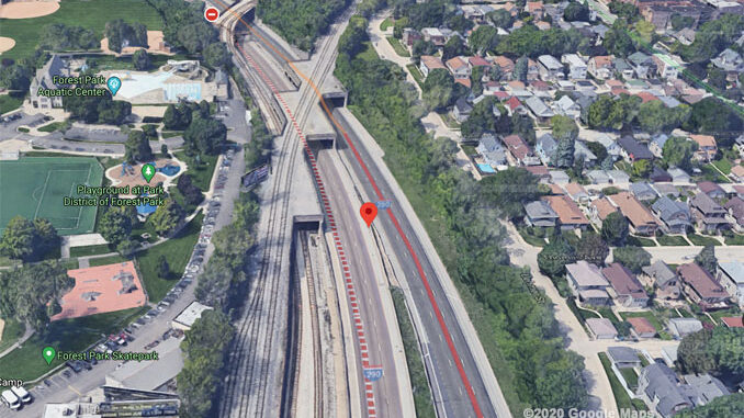 Inbound I-290 fatal crash near Harlem Avenue Forest Park on Friday, October 16 2020 Aerial View (©2020 Google Maps)
