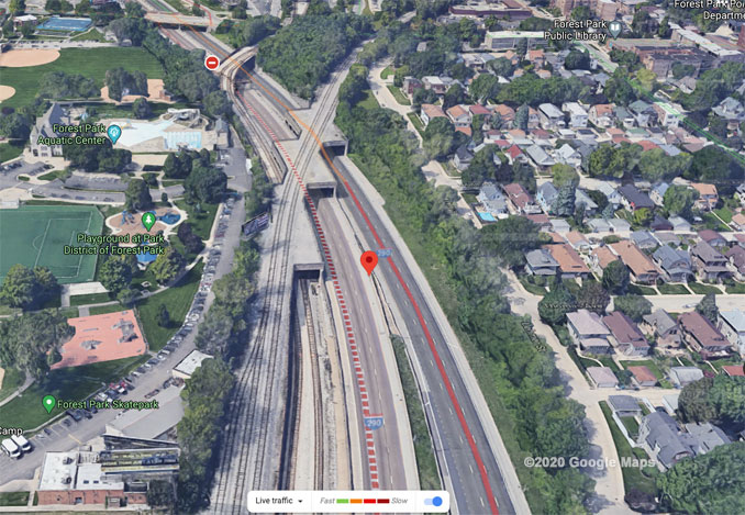 Inbound I-290 fatal crash near Harlem Avenue Forest Park on Friday, October 16 2020 Aerial View (©2020 Google Maps)