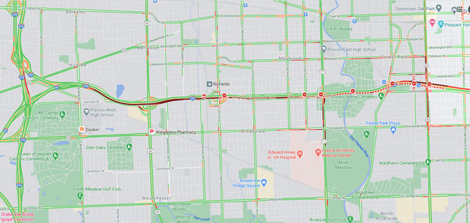Inbound I-290 fatal crash near Harlem Avenue Forest Park on Friday, October 16 2020 Traffic Layer (©2020 Google Maps)