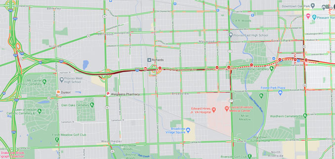 Inbound I-290 fatal crash near  Harlem Avenue Forest Park on Friday, October 16 2020 Traffic Layer (©2020 Google Maps)