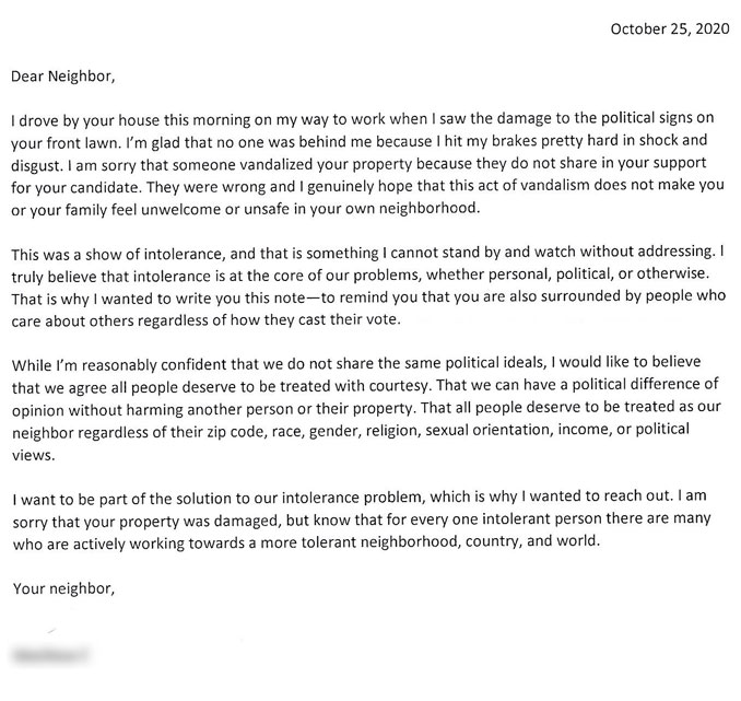 Letter to neighbor about Trump-Pence campaign sign defacement in an Arlington Heights neighborhood