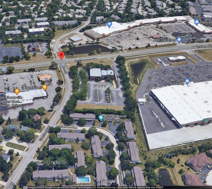 Milwaukee Avenue and Red Top Drive, Libertyville Aerial View facing east (Imagery ©2020, Imagery ©2020 Maxar Technologies, U.S. Geological Survey, USDA Farm Service Agency, Map data ©2020 United States)