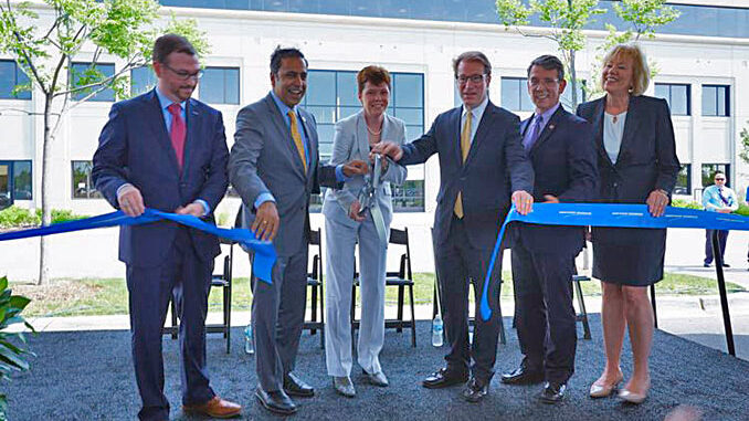 Congressman Raja Krishnamoorthi and Congressman Peter Roskam, alongside Northrop Grumman executives and state and local leaders, celebrate the opening of the newest Northrop Grumman facility in Arlington Heights, Ill. (L – R: Ken Crews, vice president business management, land & avionics C4ISR, Northrop Grumman Mission Systems; Congressmen Raja Krishnamoorthi; Mary Petryszyn, vice president & general manager, land & avionics C4ISR, Northrop Grumman Mission Systems; Congressman Peter Roskam; Arlington Heights Mayor Thomas Hayes; and State Senator Julie Morrison)