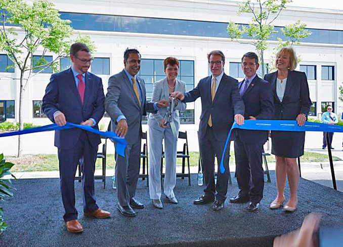 Congressman Raja Krishnamoorthi and Congressman Peter Roskam, alongside Northrop Grumman executives and state and local leaders, celebrate the opening of the newest Northrop Grumman facility in Arlington Heights, Ill. (L – R: Ken Crews, vice president business management, land & avionics C4ISR, Northrop Grumman Mission Systems; Congressman Raja Krishnamoorthi; Mary Petryszyn, vice president & general manager, land & avionics C4ISR, Northrop Grumman Mission Systems; Congressman Peter Roskam; Arlington Heights Mayor Thomas Hayes; and State Senator Julie Morrison)