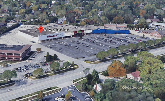 OfficeMax at 201 West Rand Road in Mount Prospect Aerial View (©2020 Google Maps)