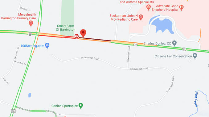 Rollover crash Route 22 east of Kelsey Road, Lake Barrington, Saturday October 17, 2020 (©2020 Google)