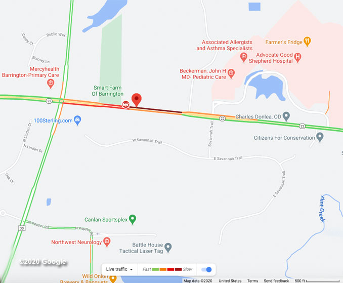 Rollover crash Route 22 east of Kelsey Road, Lake Barrington, Saturday October 17, 2020 (©2020 Google)