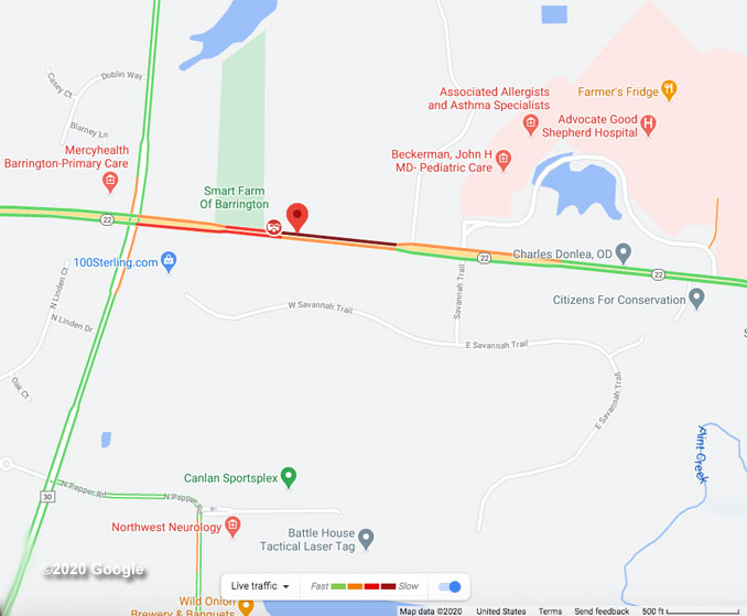 Rollover crash Route 22 east of Kelsey Road, Lake Barrington, Saturday October 17, 2020 (©2020 Google)