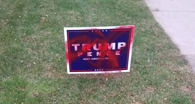 Trump Pence campaign sign defaced in south side neighborhood in Arlington Heights, 3:48 a.m. to 3:55 a.m. on Sunday, October 25, 2020 Trump Pence campaign sign defaced in south side neighborhood in Arlington Heights, 3:48 a.m. to 3:55 a.m. on Sunday, October 25, 2020