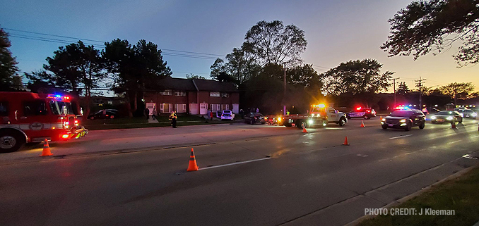 Flatbed tow at crash on Hintz Road near Mark Lane, Wheeling