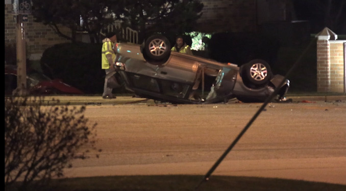 Rollover Crash with three hurt at Irving Park Road and Rodenberg Road in Schaumburg Sunday night