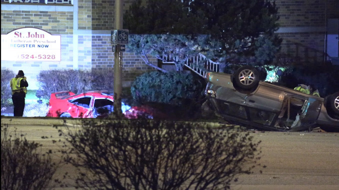 Rollover Crash with three hurt at Irving Park Road and Rodenberg Road in Schaumburg Sunday night.