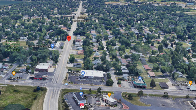 Aerial View looking south at crash scene area at Cedar Lake Road and Golfview Drive in Round Lake Beach (Imagery ©2020 Google, NOAA, Landsat / Copernicus, Imagery ©2020 Maxar Technologies, U.S. Geological Survey, USDA Farm Service Agency, Map data ©2020)