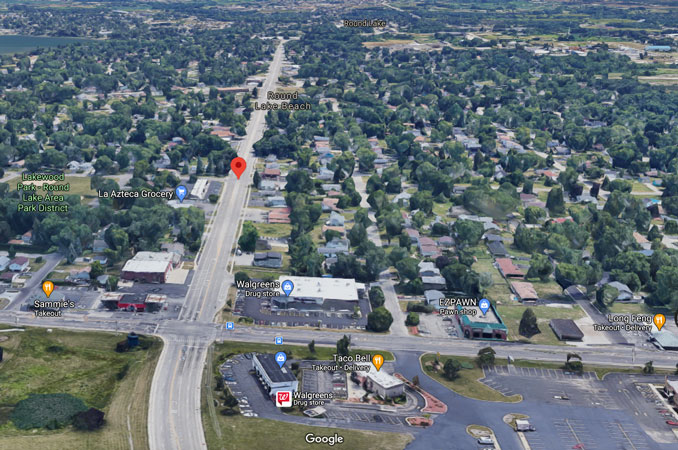 Aerial View looking south at crash scene area at Cedar Lake Road and Golfview Drive in Round Lake Beach (Imagery ©2020 Google, NOAA, Landsat / Copernicus, Imagery ©2020 Maxar Technologies, U.S. Geological Survey, USDA Farm Service Agency, Map data ©2020)