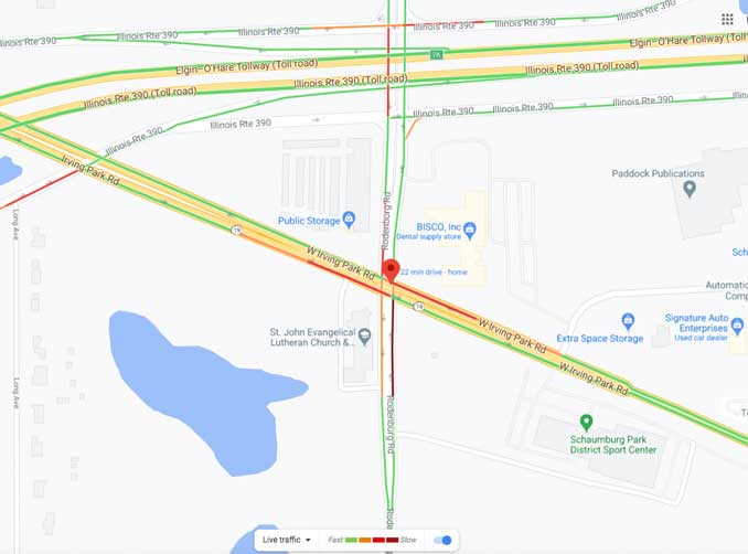 Crash Traffic Map at Rodenburg Road and Irving Park Rd (IL-19) in Schaumburg (Map data ©2020 Google)