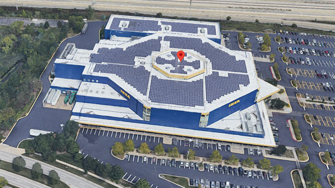 IKEA on McConnor Parkway in Schaumburg with a large array of solar panels on the roof (Imagery ©2020 Google, Imagery ©2020 Maxar Technologies, U.S. Geological Survey, Map data ©2020)