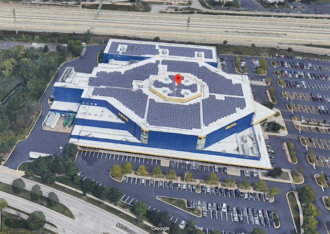 IKEA on McConnor Parkway in Schaumburg with a large array of solar panels on the roof (Imagery ©2020 Google, Imagery ©2020 Maxar Technologies, U.S. Geological Survey, Map data ©2020)