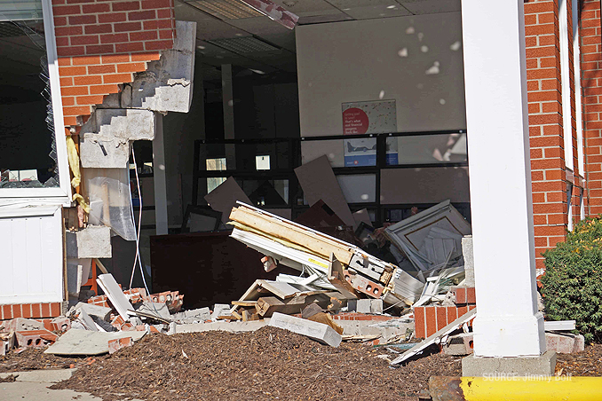 Car vs. building crash at BMO Harris Bank in Fox River Grove, Illinois showing failed bollard (PHOTO CREDIT: Jimmy Bolf)