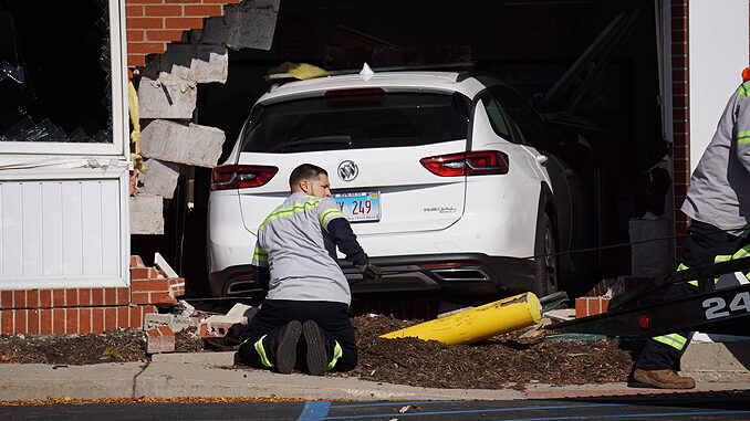 Car vs. building crash at BMO Harris Bank in Fox River Grove, Illinois showing failed bollard (PHOTO CREDIT: Jimmy Bolf)