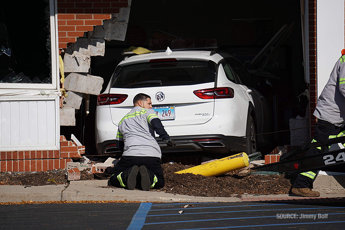 Car vs. building crash at BMO Harris Bank in Fox River Grove, Illinois showing failed bollard (PHOTO CREDIT: Jimmy Bolf)