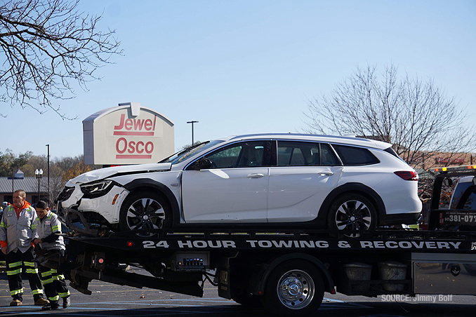 Car vs. building crash at BMO Harris Bank in Fox River Grove, Illinois showing failed bollard