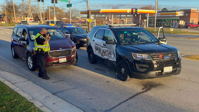 Mount Prospect Police SUV crash scene after motorist blinded by sunrise hit police SUV road block