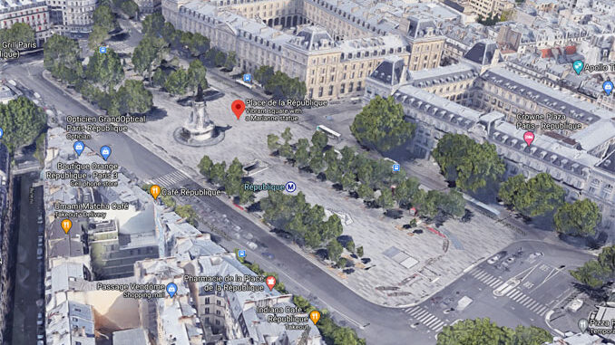 Place de la République, Paris, France (Imagery ©2020 Google, Imagery ©2020 Aerodata International Surveys, CNES / Airbus, Maxar Technologies, The GeoInformation Group | InterAtlas, Map data ©2020) Place de la République, Paris, France (Imagery ©2020 Google, Imagery ©2020 Aerodata International Surveys, CNES / Airbus, Maxar Technologies, The GeoInformation Group | InterAtlas, Map data ©2020)