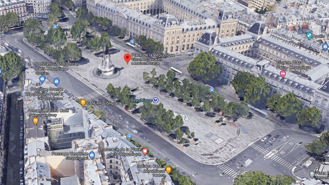 Place de la République, Paris, France (Imagery ©2020 Google, Imagery ©2020 Aerodata International Surveys, CNES / Airbus, Maxar Technologies, The GeoInformation Group | InterAtlas, Map data ©2020)