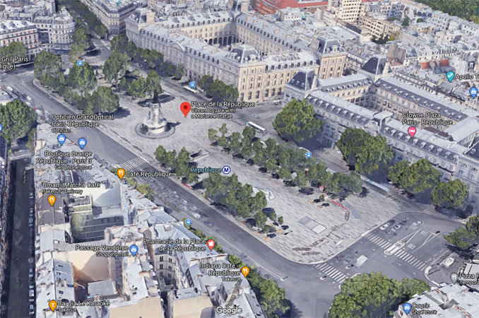 Place de la République, Paris, France (Imagery ©2020 Google, Imagery ©2020 Aerodata International Surveys, CNES / Airbus, Maxar Technologies, The GeoInformation Group | InterAtlas, Map data ©2020)