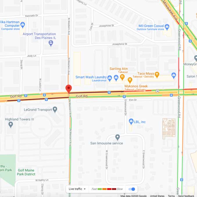 Traffic Map Crash Scene at Golf Road and Western Avenue in Maine Township (Map data ©2020 Google)