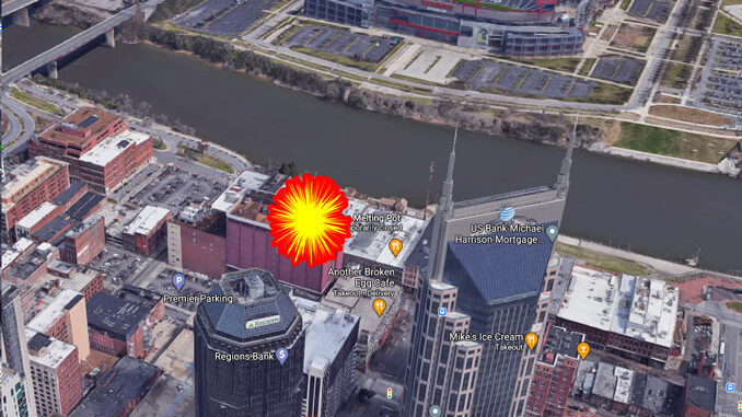 AT&T Building 33-story foreground, Titans Stadium in background near explosion site (Imagery ©2020 Google, Imagery ©2020 CNES / Airbus, Maxar Technologies, USDA Farm Service Agency, Map data ©2020 Nashville Davidson County)