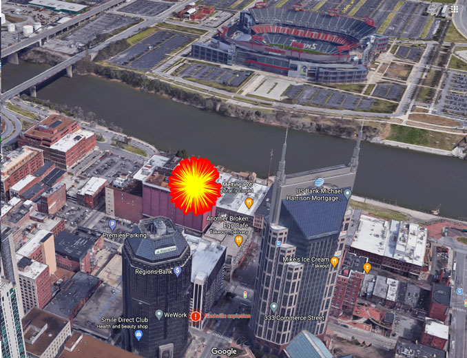 AT&T Building 33-story foreground, Titans Stadium in background near explosion site (Imagery ©2020 Google, Imagery ©2020 CNES / Airbus, Maxar Technologies, USDA Farm Service Agency, Map data ©2020 Nashville Davidson County)