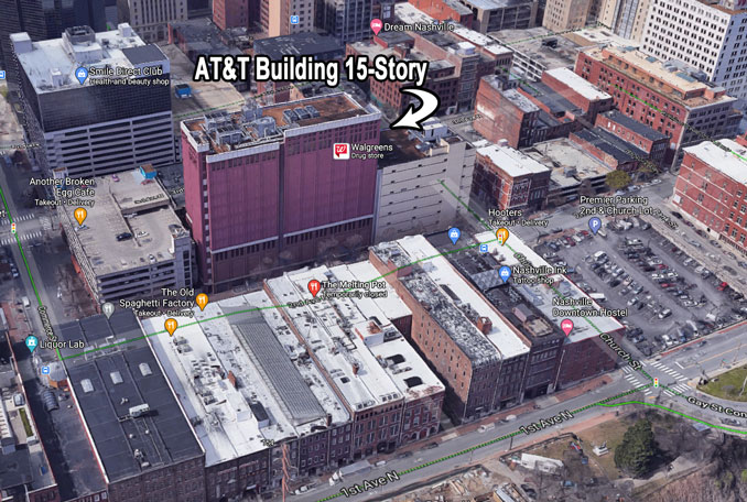 AT&T 15-story building near RV bomb site at 185 2nd Avenue N in Nashville (Imagery ©2020 Google, Imagery ©2020 CNES / Airbus, Maxar Technologies, Map data ©2020 Nashville Davidson County)