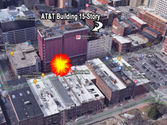 AT&T 15-story building near RV bomb site at 185 2nd Avenue N in Nashville (View looking southwest: Imagery ©2020 Google, Imagery ©2020 CNES / Airbus, Maxar Technologies, Map data ©2020 Nashville Davidson County)