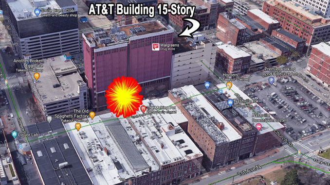 ATT edificio de 15 pisos cerca del sitio de la bomba RV en 185 2nd Avenue N en Nashville (View looking southwest: Imágenes ©2020 Google, Imágenes ©2020 CNES / Airbus, Maxar Technologies, Datos del mapa ©2020 Nashville Davidson County)