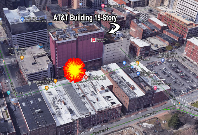 ATT 15-story building near RV bomb site at 185 2nd Avenue N in Nashville (View looking southwest: Imagery ©2020 Google, Imagery ©2020 CNES / Airbus, Maxar Technologies, Map data ©2020 Nashville Davidson County)