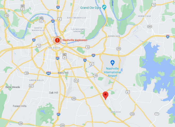 Map Nashville - Antioch area; Antioch just south of Nashville International Airport (Map data ©2020 Google)